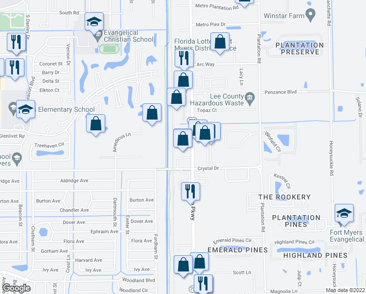 map of restaurants, bars, coffee shops, grocery stores, and more near 12120 Metro Parkway in Fort Myers