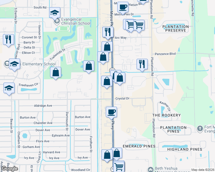 map of restaurants, bars, coffee shops, grocery stores, and more near 12120 Metro Parkway in Fort Myers