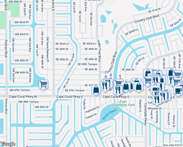 map of restaurants, bars, coffee shops, grocery stores, and more near 257 Southeast 46th Terrace in Cape Coral