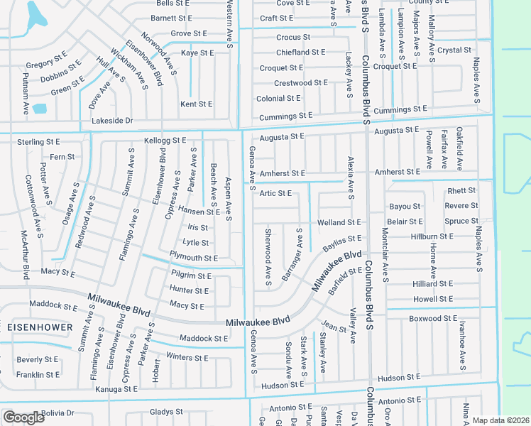 map of restaurants, bars, coffee shops, grocery stores, and more near 1108 Bainbridge Street East in Lehigh Acres