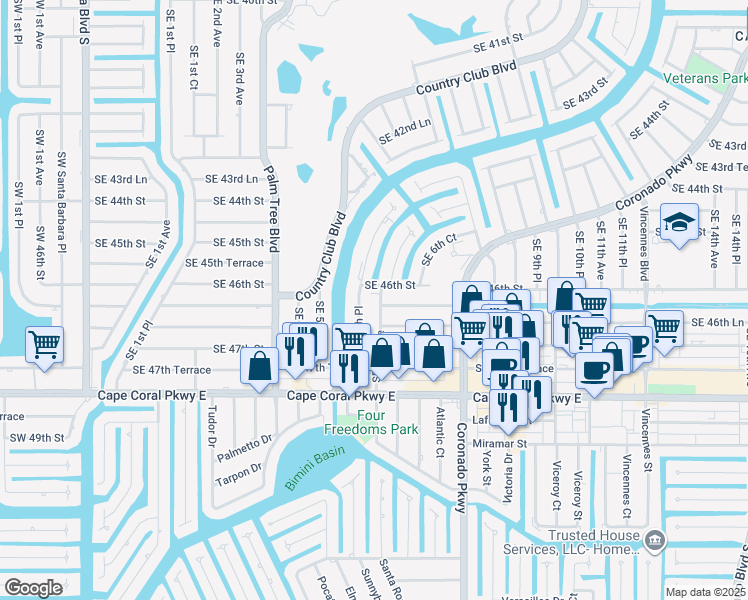 map of restaurants, bars, coffee shops, grocery stores, and more near 4604 Southeast 6th Avenue in Cape Coral