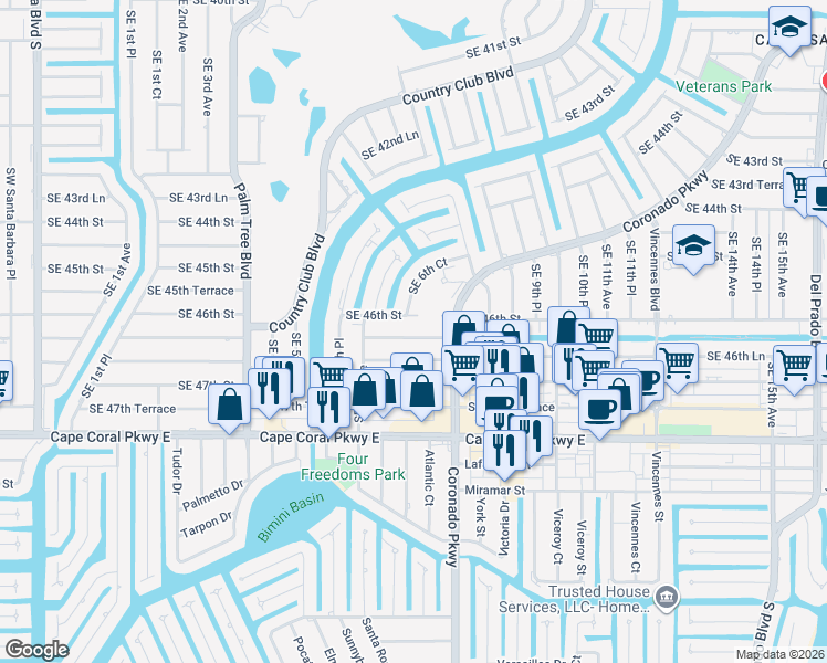 map of restaurants, bars, coffee shops, grocery stores, and more near 709 Southeast 46th Terrace in Cape Coral