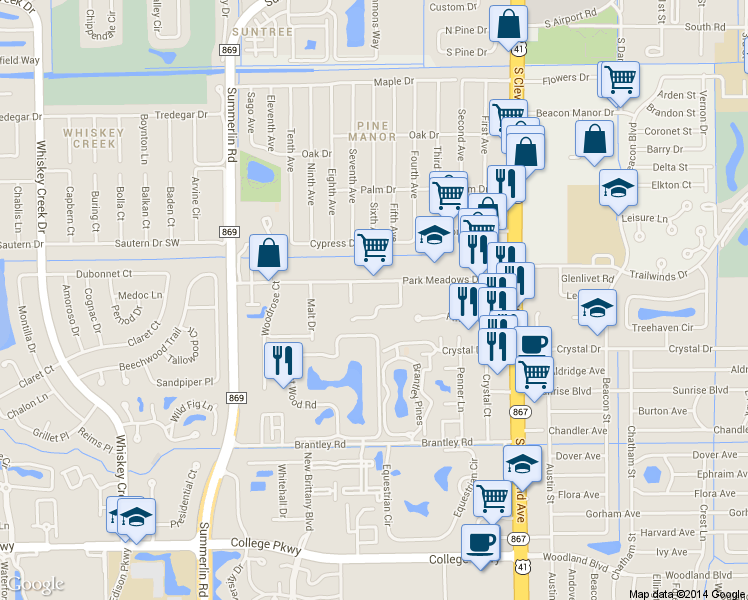 map of restaurants, bars, coffee shops, grocery stores, and more near 1894 Park Meadows Drive in Fort Myers