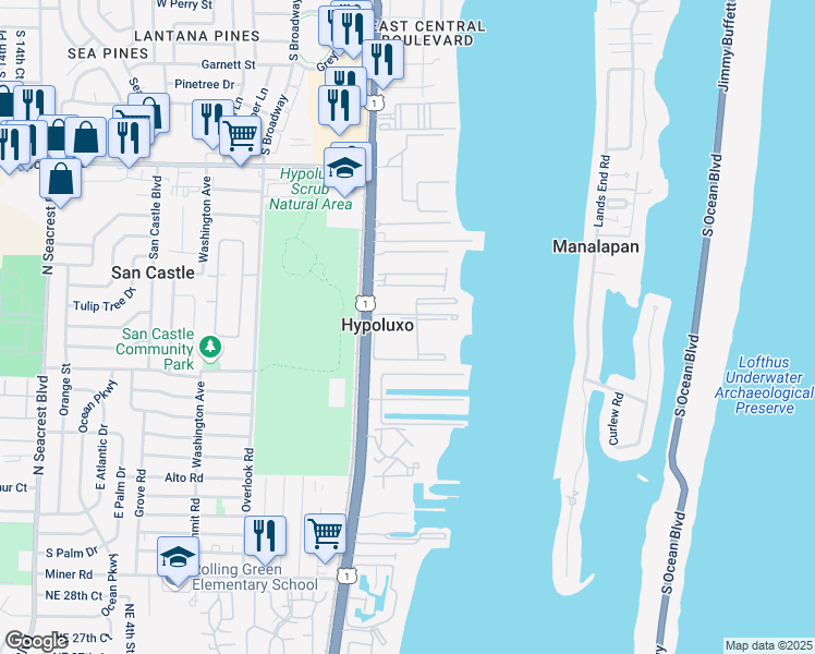 map of restaurants, bars, coffee shops, grocery stores, and more near 192 Yacht Club Way in Hypoluxo