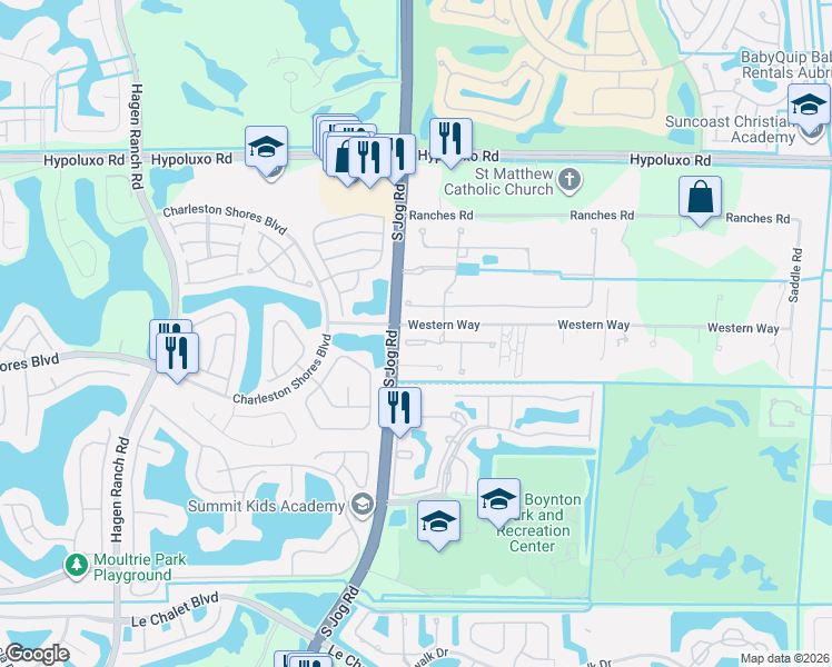 map of restaurants, bars, coffee shops, grocery stores, and more near 6460 Vireo Court in Lake Worth