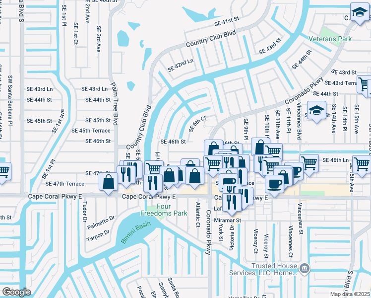 map of restaurants, bars, coffee shops, grocery stores, and more near 621 Southeast 46th Terrace in Cape Coral