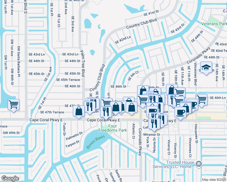 map of restaurants, bars, coffee shops, grocery stores, and more near 4604 Southeast 6th Avenue in Cape Coral