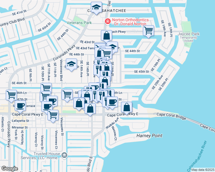 map of restaurants, bars, coffee shops, grocery stores, and more near 1604 Southeast 46th Street in Cape Coral