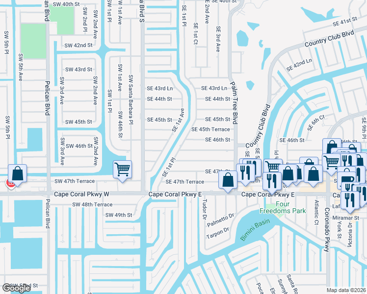 map of restaurants, bars, coffee shops, grocery stores, and more near 205 Southeast 46th Terrace in Cape Coral