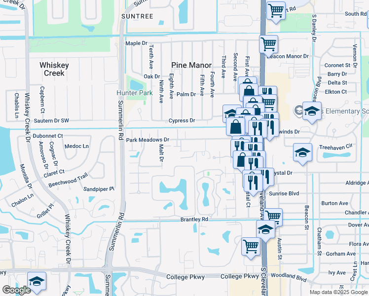 map of restaurants, bars, coffee shops, grocery stores, and more near 1712 Park Meadows Drive in Fort Myers