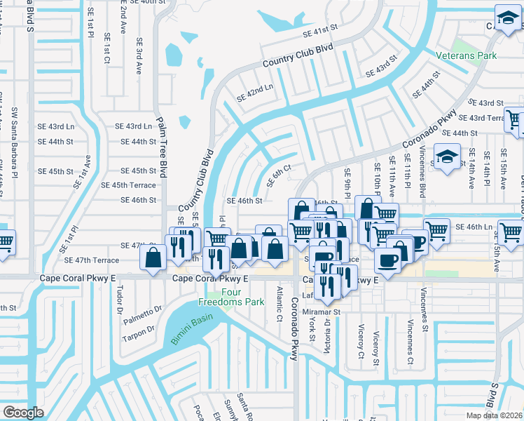 map of restaurants, bars, coffee shops, grocery stores, and more near 621 Southeast 46th Terrace in Cape Coral