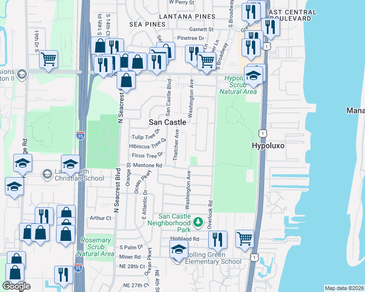 map of restaurants, bars, coffee shops, grocery stores, and more near 7405 Sunny Hill Terrace in Lantana