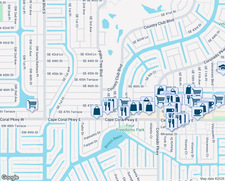map of restaurants, bars, coffee shops, grocery stores, and more near 4606 Southeast 5th Avenue in Cape Coral