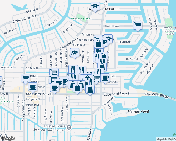 map of restaurants, bars, coffee shops, grocery stores, and more near 1412 Southeast 46th Street in Cape Coral