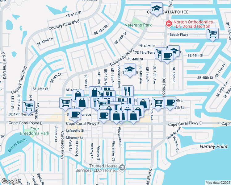 map of restaurants, bars, coffee shops, grocery stores, and more near 1114 Southeast 46th Street in Cape Coral