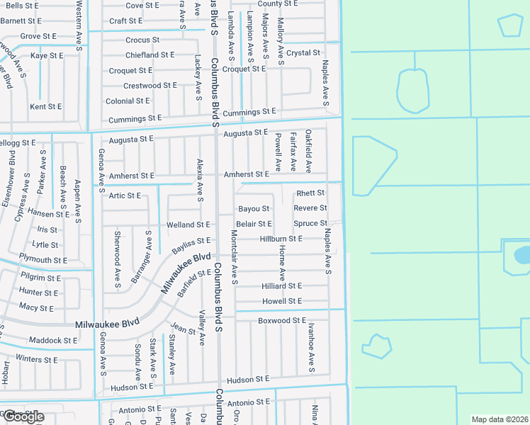 map of restaurants, bars, coffee shops, grocery stores, and more near 1232 Bayou Street in Lehigh Acres