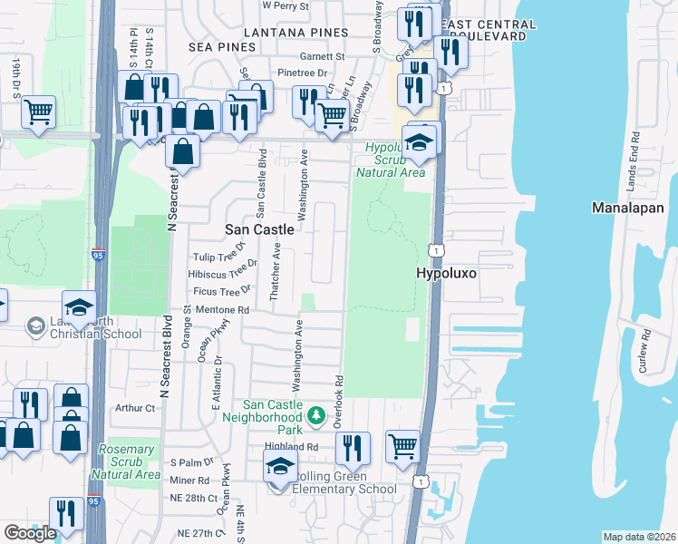 map of restaurants, bars, coffee shops, grocery stores, and more near 7376 East Oakridge Circle in Lantana
