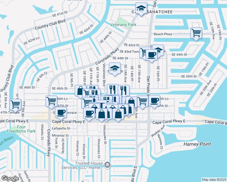map of restaurants, bars, coffee shops, grocery stores, and more near 1220 Southeast 46th Street in Cape Coral