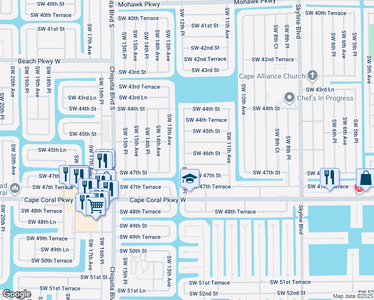 map of restaurants, bars, coffee shops, grocery stores, and more near 1157 Southwest 46th Street in Cape Coral