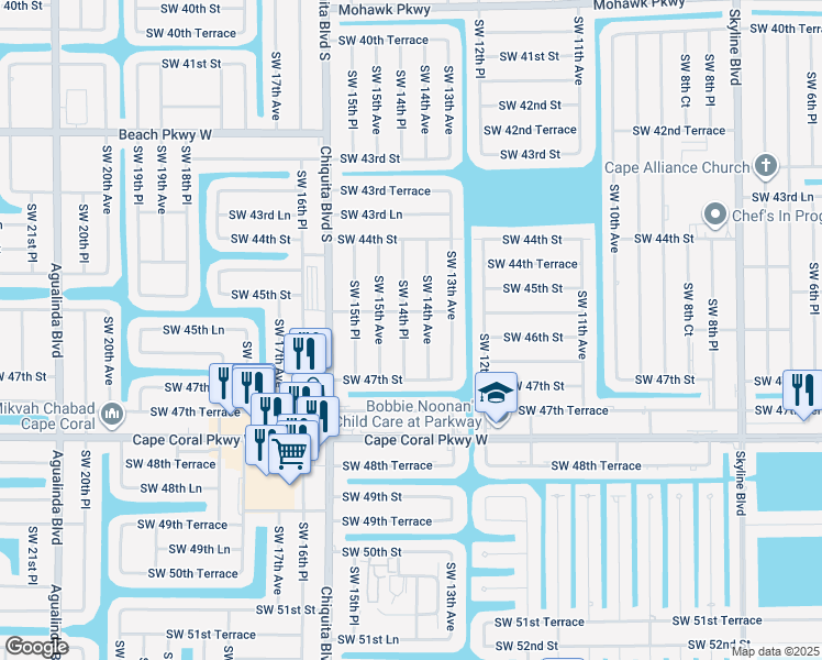map of restaurants, bars, coffee shops, grocery stores, and more near 4539 Southwest 14th Place in Cape Coral