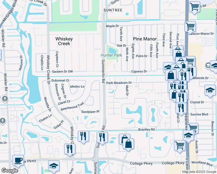 map of restaurants, bars, coffee shops, grocery stores, and more near 1508 Park Meadows Drive in Fort Myers