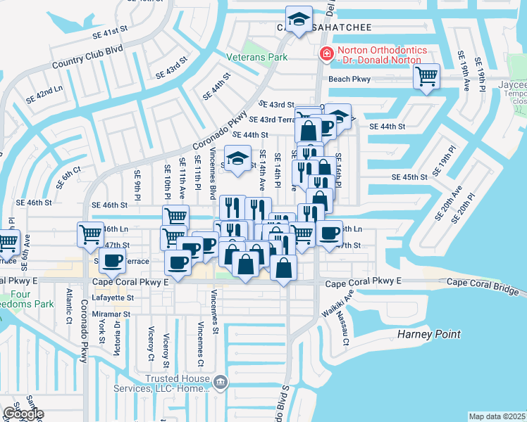 map of restaurants, bars, coffee shops, grocery stores, and more near 1412 Southeast 46th Street in Cape Coral