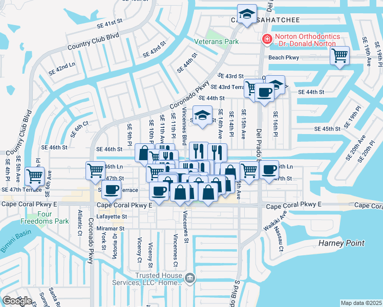 map of restaurants, bars, coffee shops, grocery stores, and more near 1206 Southeast 46th Street in Cape Coral
