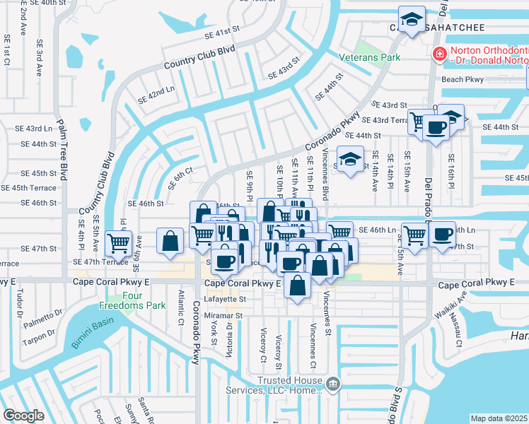 map of restaurants, bars, coffee shops, grocery stores, and more near 928 Southeast 46th Street in Cape Coral