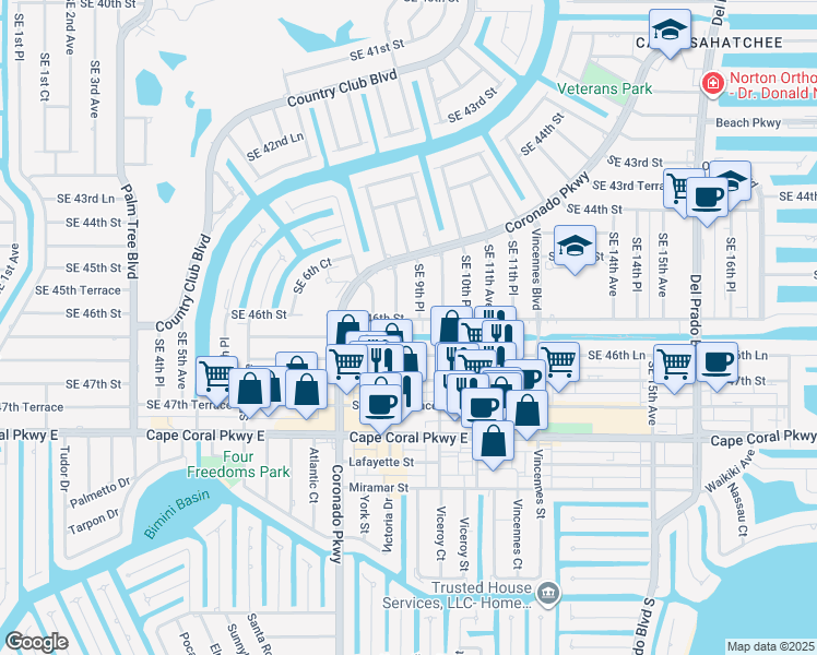 map of restaurants, bars, coffee shops, grocery stores, and more near 834 Southeast 46th Street in Cape Coral
