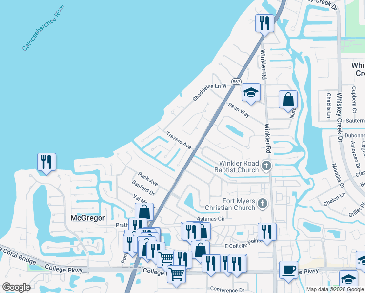 map of restaurants, bars, coffee shops, grocery stores, and more near 650 Travers Avenue in Fort Myers