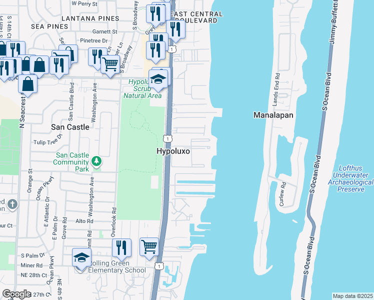 map of restaurants, bars, coffee shops, grocery stores, and more near 192 Yacht Club Way in Hypoluxo