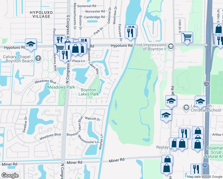 map of restaurants, bars, coffee shops, grocery stores, and more near 32 Hastings Lane in Boynton Beach