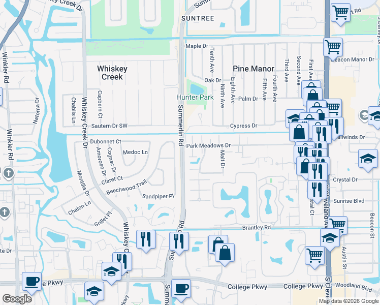 map of restaurants, bars, coffee shops, grocery stores, and more near 1508 Park Meadows Drive in Fort Myers