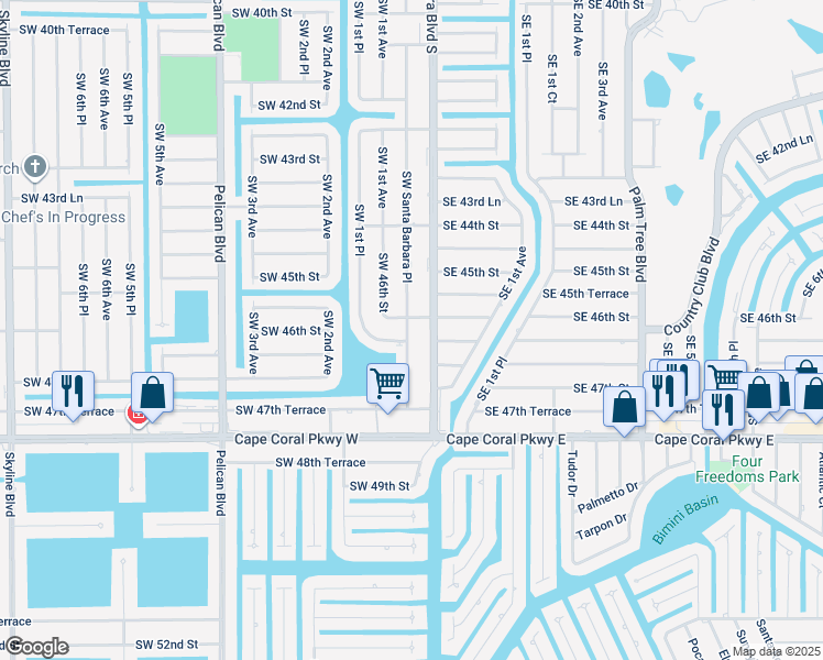 map of restaurants, bars, coffee shops, grocery stores, and more near 4609 Southwest Santa Barbara Place in Cape Coral