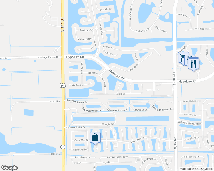 map of restaurants, bars, coffee shops, grocery stores, and more near 9749 Vía Amati in Lake Worth
