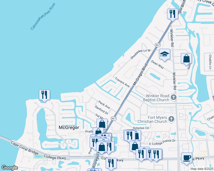 map of restaurants, bars, coffee shops, grocery stores, and more near 607 Sunnyside Court in Fort Myers