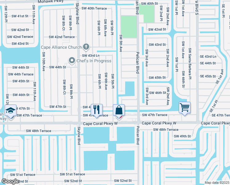 map of restaurants, bars, coffee shops, grocery stores, and more near 4541 Southwest 5th Place in Cape Coral