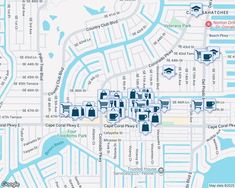 map of restaurants, bars, coffee shops, grocery stores, and more near 834 Southeast 46th Street in Cape Coral
