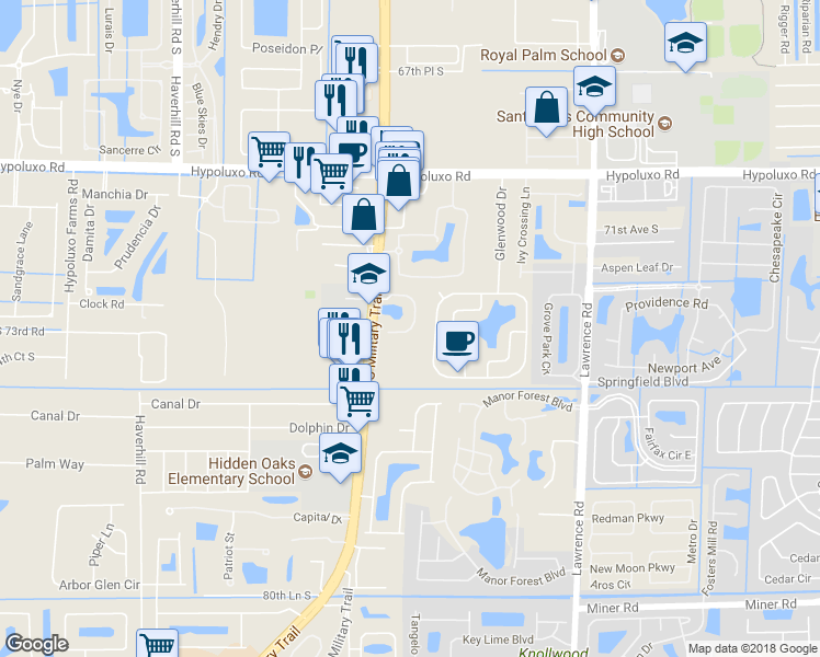 map of restaurants, bars, coffee shops, grocery stores, and more near 4337 Colony View Drive in Lake Worth