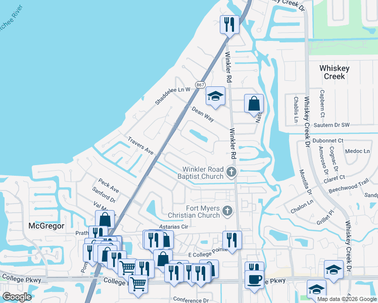 map of restaurants, bars, coffee shops, grocery stores, and more near 815 Entrada Drive North in Fort Myers