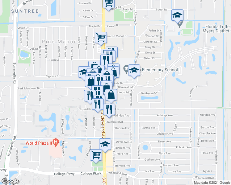 map of restaurants, bars, coffee shops, grocery stores, and more near 5196 Leeds Road in Fort Myers