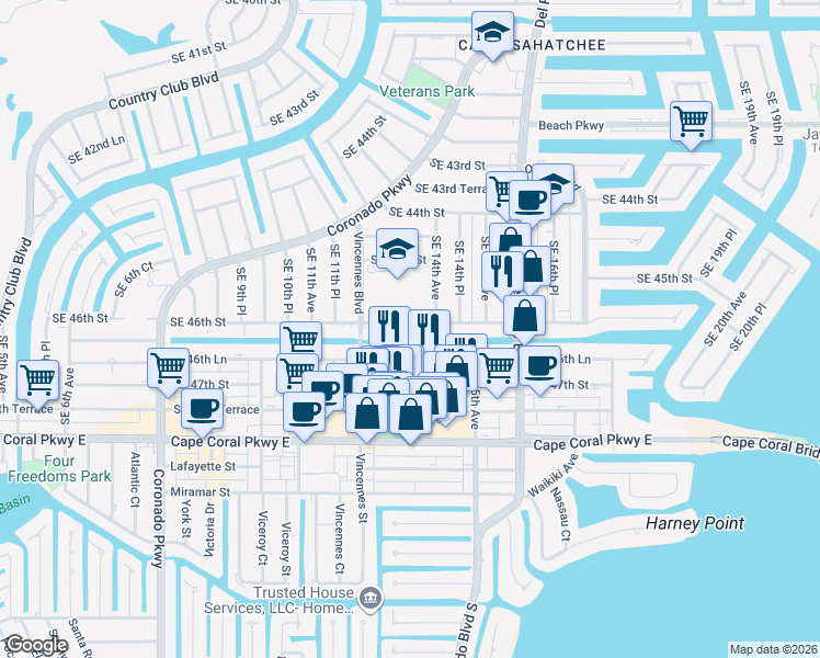 map of restaurants, bars, coffee shops, grocery stores, and more near 1310 Southeast 46th Street in Cape Coral