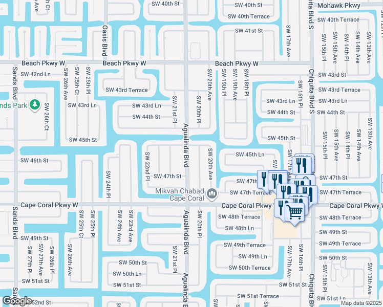 map of restaurants, bars, coffee shops, grocery stores, and more near 4513 Agualinda Boulevard in Cape Coral