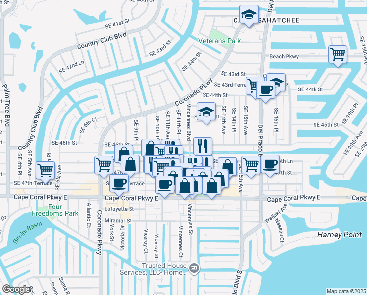 map of restaurants, bars, coffee shops, grocery stores, and more near 1120 Southeast 46th Street in Cape Coral