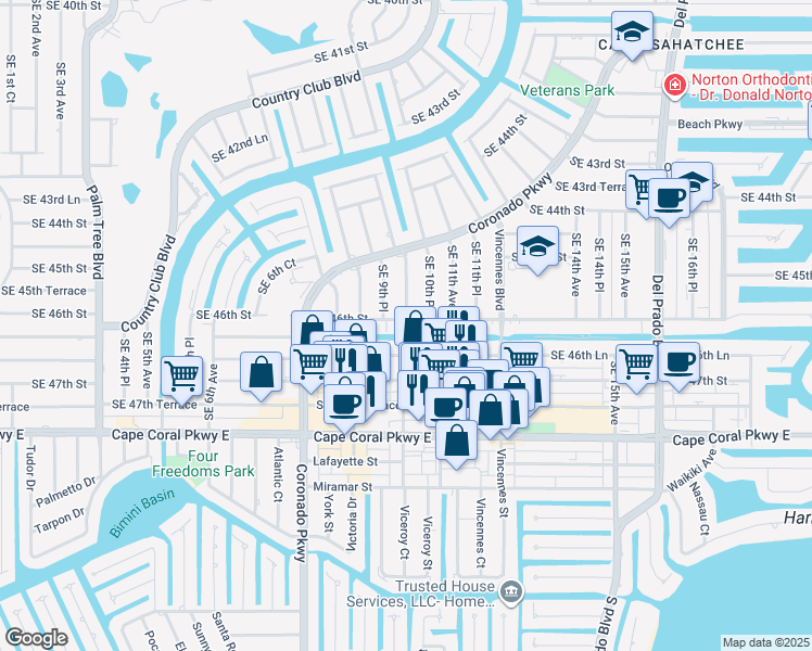map of restaurants, bars, coffee shops, grocery stores, and more near 928 Southeast 46th Street in Cape Coral