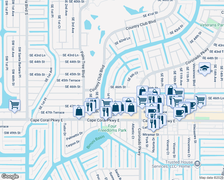 map of restaurants, bars, coffee shops, grocery stores, and more near 4604 Southeast 6th Avenue in Cape Coral