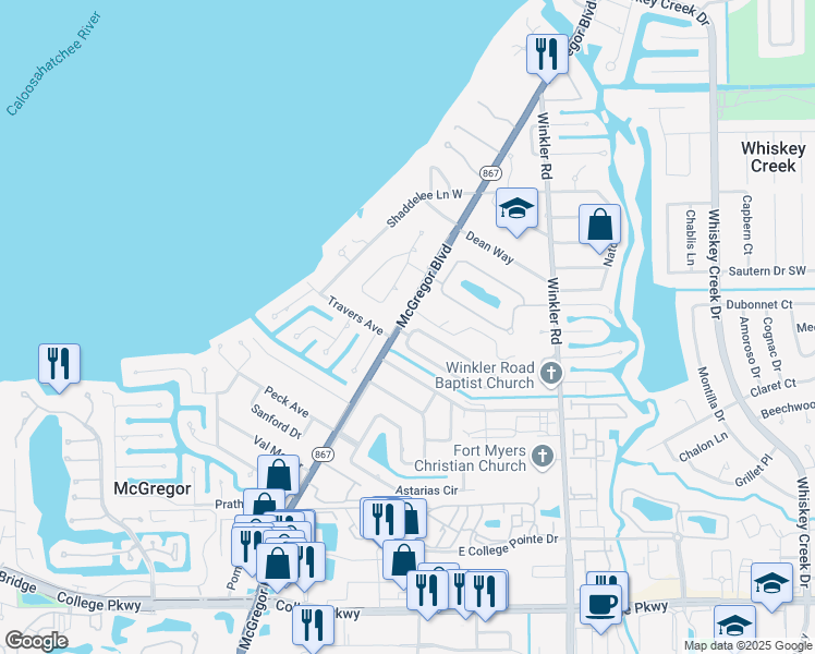 map of restaurants, bars, coffee shops, grocery stores, and more near 12151 McGregor Boulevard in Fort Myers