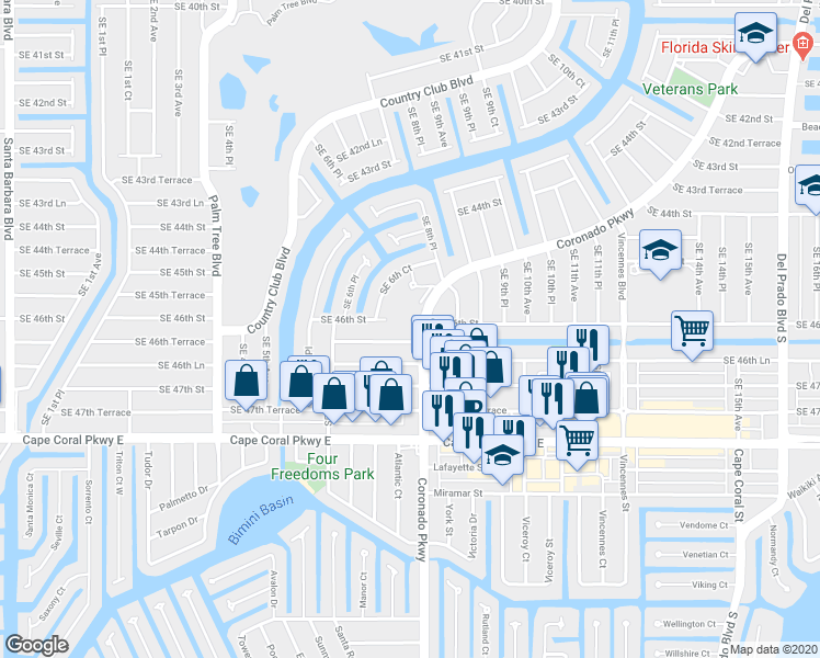 map of restaurants, bars, coffee shops, grocery stores, and more near 4610 Coronado Parkway in Cape Coral