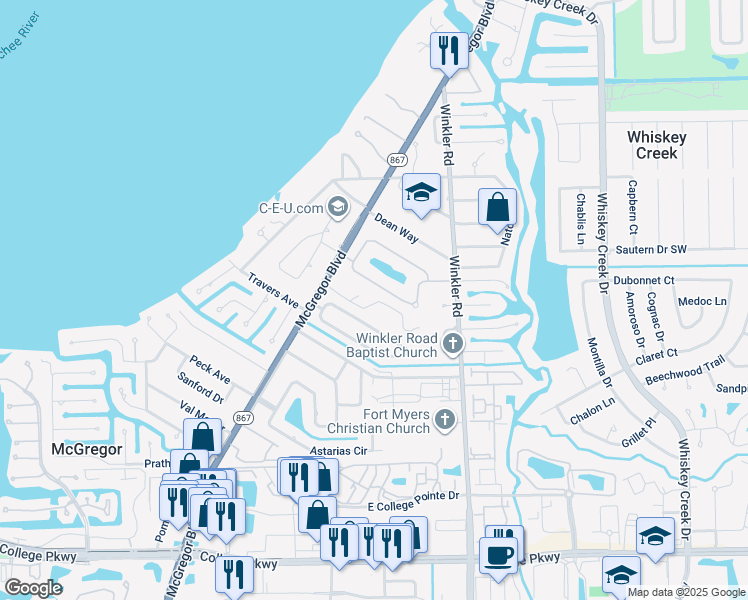 map of restaurants, bars, coffee shops, grocery stores, and more near 8807 Banyan Cove Circle in Fort Myers