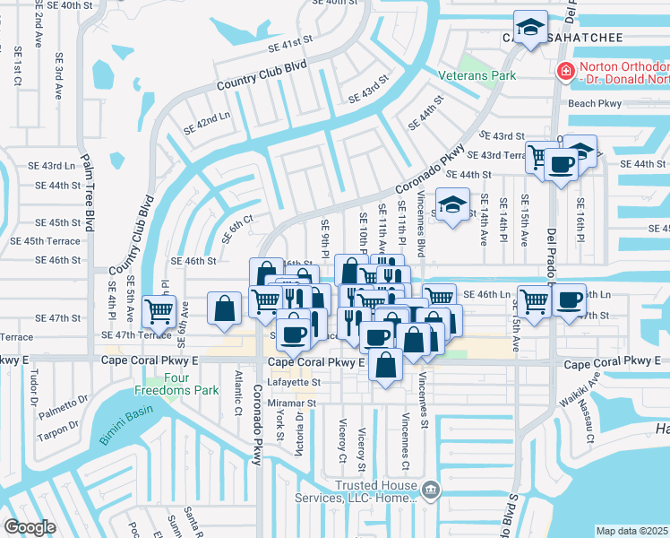 map of restaurants, bars, coffee shops, grocery stores, and more near 928 Southeast 46th Street in Cape Coral